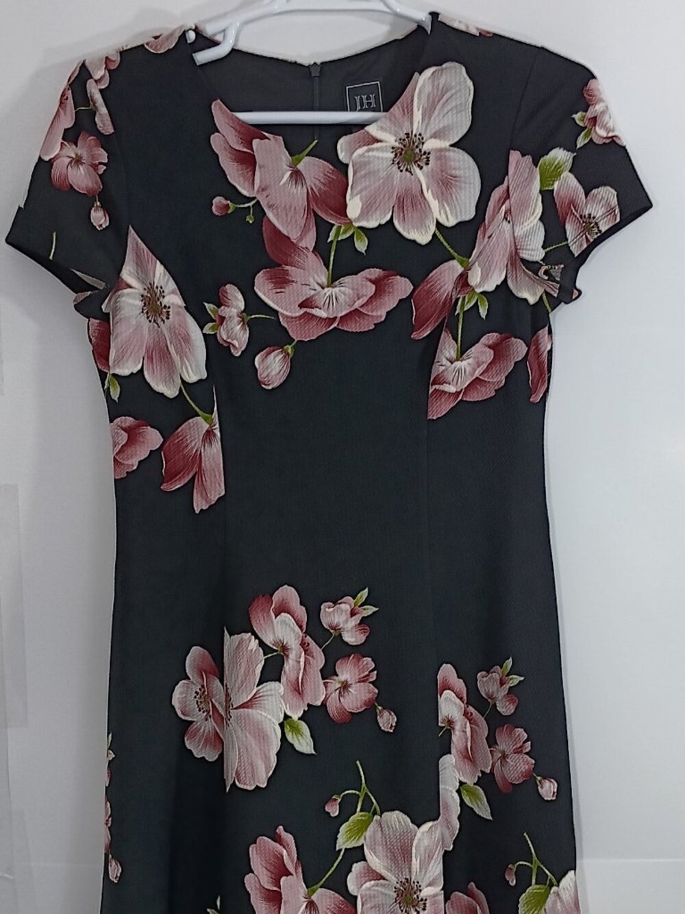 JH Womens Dress Size 14 Black Pink Floral A Line Textured Lined Short Sleeve